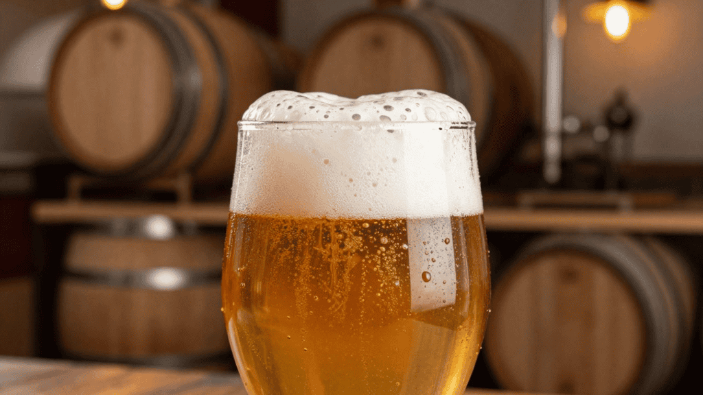 Pint of golden beer with a foamy head in a brewery, wooden barrels in the background.