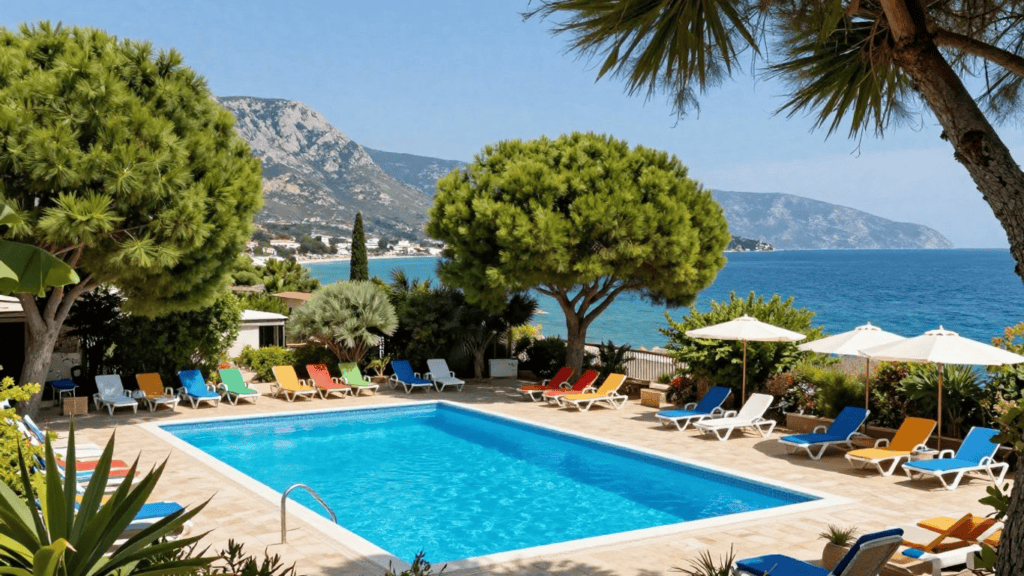 Poolside with colorful lounge chairs overlooking blue sea and mountains beyond.