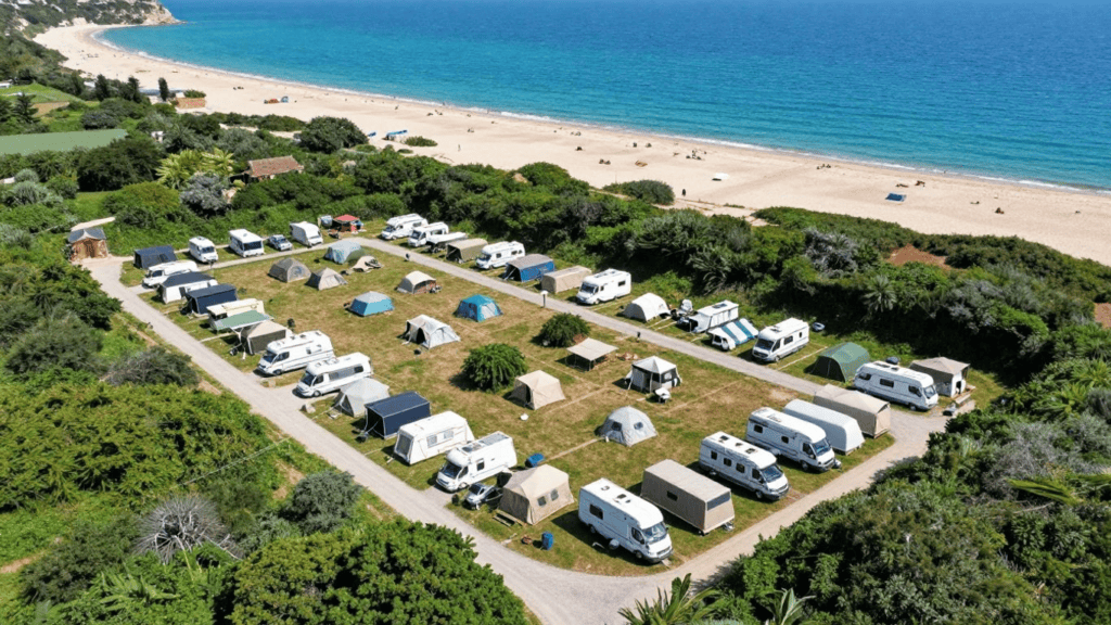 Aerial view of a beachside campsite with tents and camper vans along green hedges and a blue sea nearby.