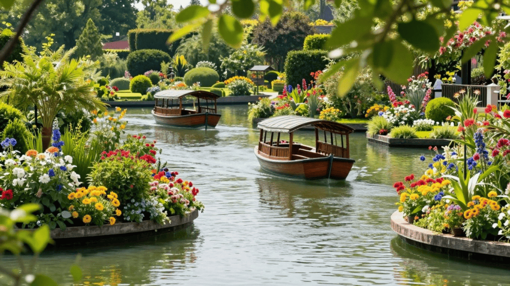 Two wooden canal boats glide along a flower-filled waterway in a sunny formal garden overarched by green trees and blooms.