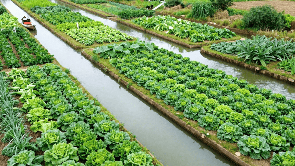 Aerial view of parallel vegetable beds with lush leafy greens separated by narrow irrigation canals on a farm.