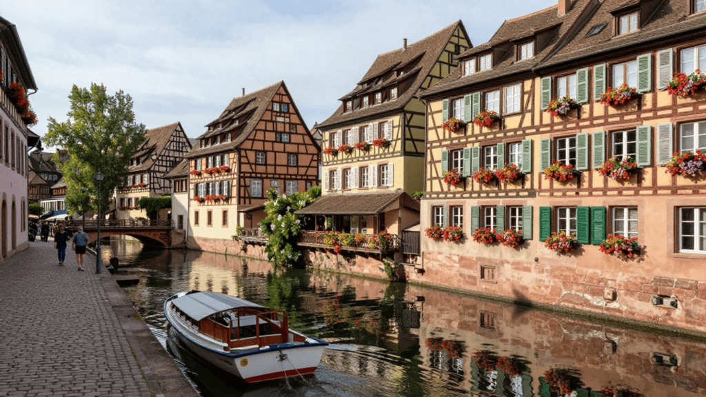 Colorful half-timbered houses along a canal with a small boat docked in the foreground and people walking on a cobblestone path for a picturesque town scene.