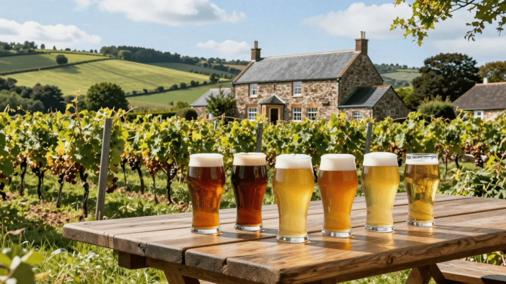 Six pint glasses of beer in varying colors lined up on a wooden table in a sunlit vineyard, with a stone house in the background.