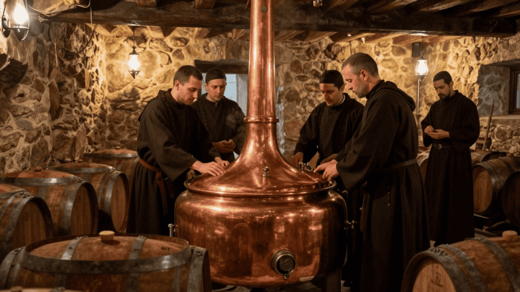 Monks in brown robes oversee a large copper distillation still in a stone cellar with wooden barrels think nearby.