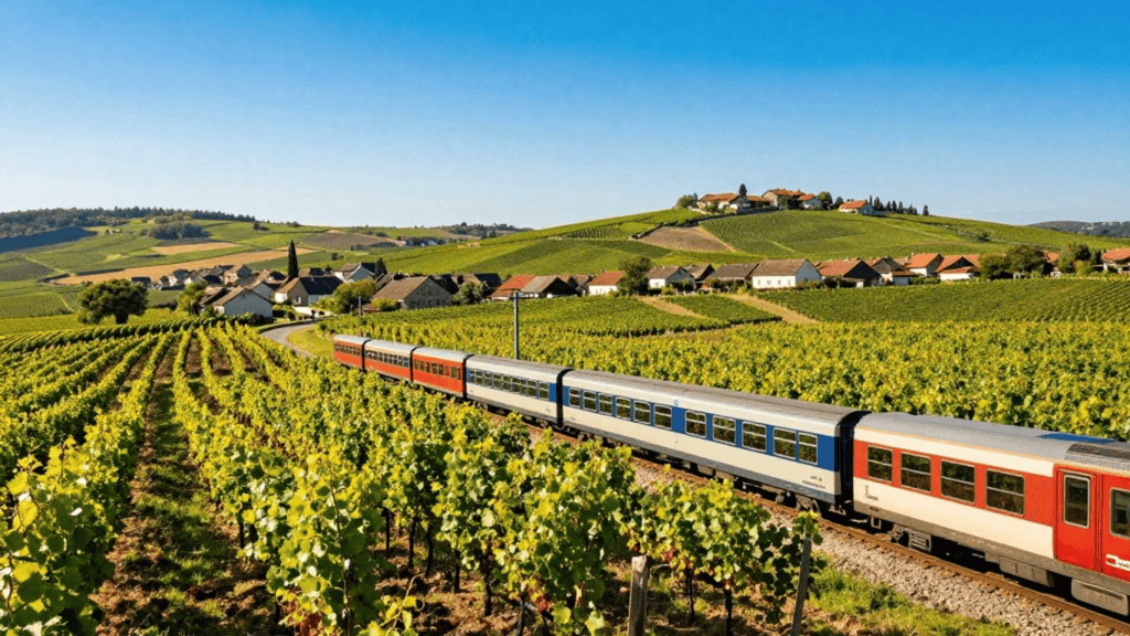 Passenger train winds through a vineyard with a village on rolling hills under a blue sky.