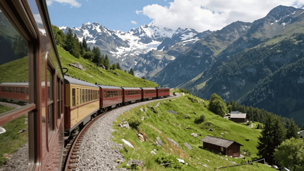 Vintage passenger train winds along a mountain track with snow-capped peaks in the background.