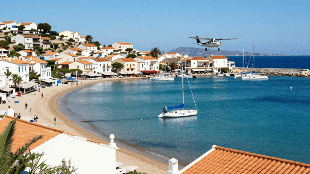 Coastal village with white houses and orange roofs along a crescent beach, blue bay, and sailboats anchored in calm water.