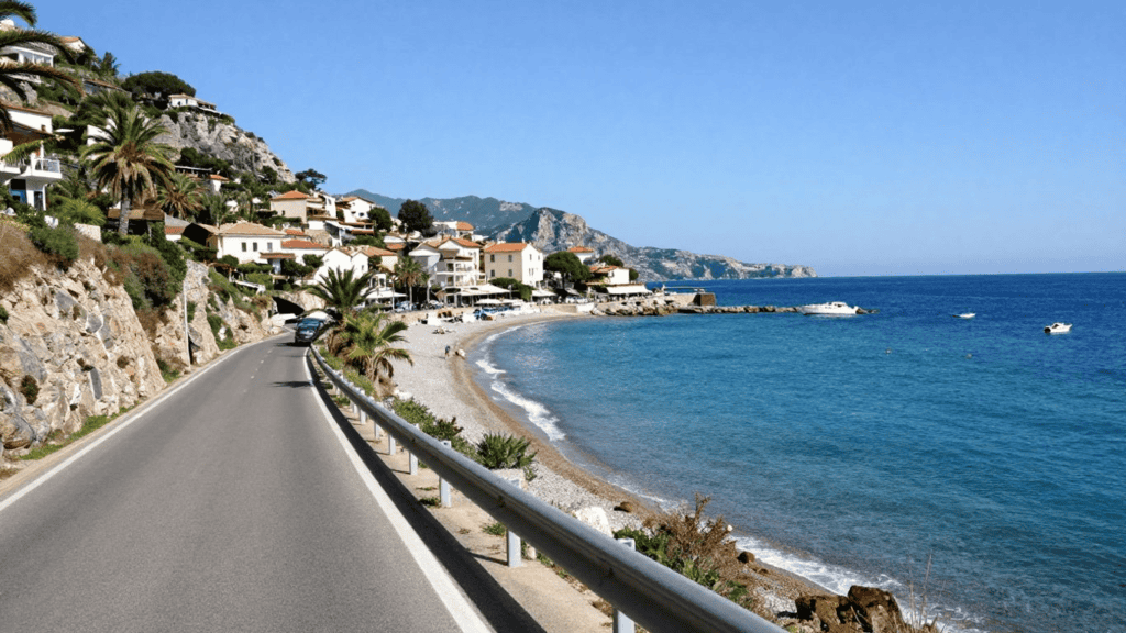 Coastal road along a rocky hillside town with palm trees and pastel houses by clear blue sea