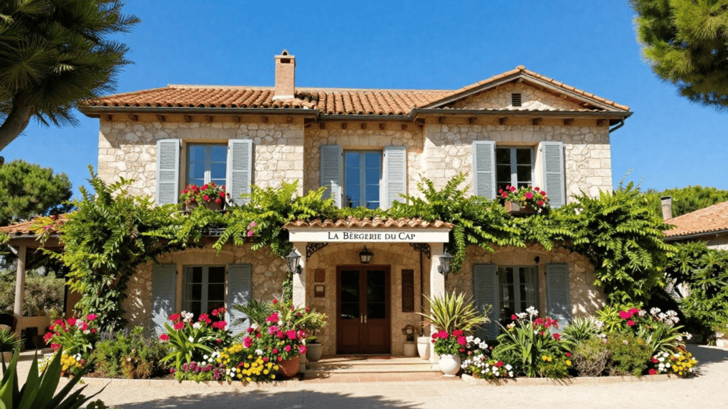 Stone house with blue shutters and a lush flowering garden at the entrance.