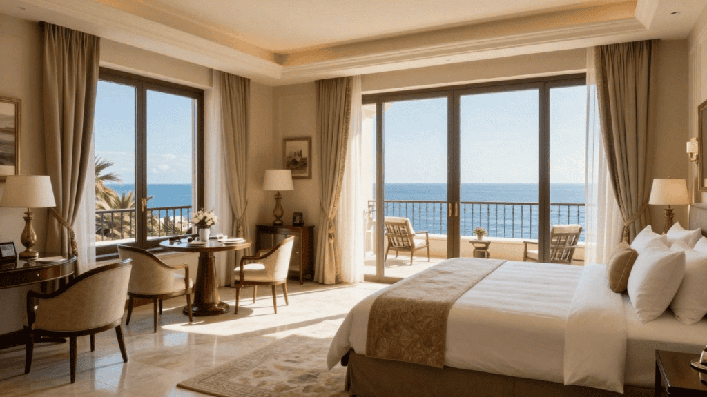 Hotel room with a king bed and a balcony ocean view, beige decor, and a seating area with a round table and four chairs.