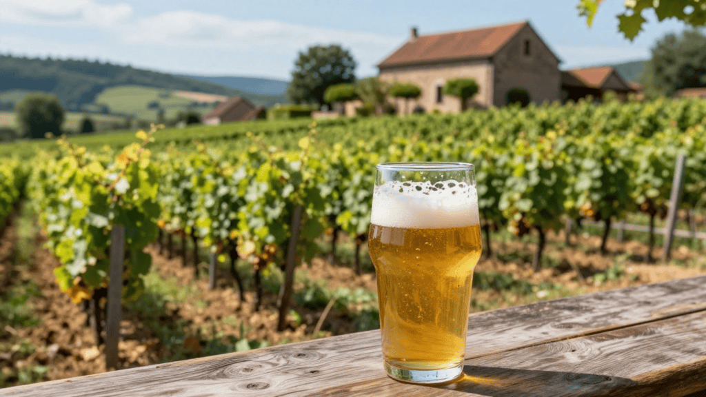 Beer glass on a wooden table in a vineyard, with vines and a stone farmhouse in the background.