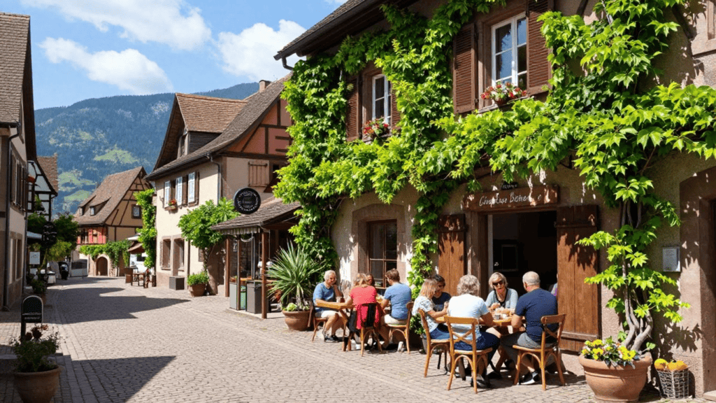 Outdoor café with people dining on wooden tables along a sunlit cobblestone street, ivy-clad buildings and distant mountains behind.