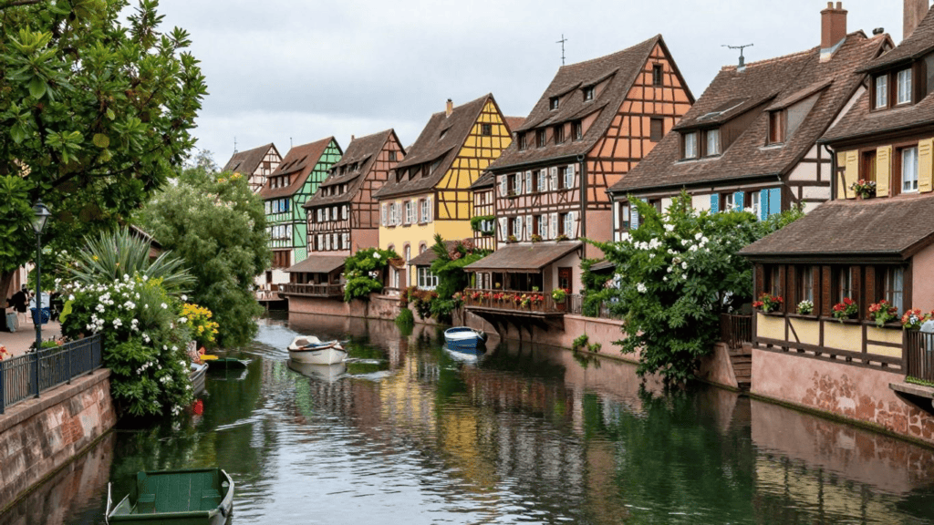 Colorful half-timbered houses lining a narrow canal with boats in Colmar, Alsace, under a cloudy sky.