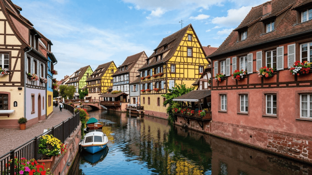 Colorful timber-framed houses along a canal in a quaint European town with a small boat on the water.