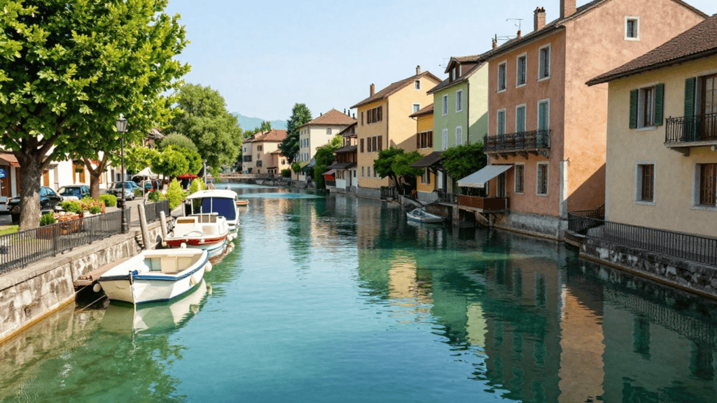 Colorful houses line a calm canal with small boats docked along the left bank at a sunny day street scene.