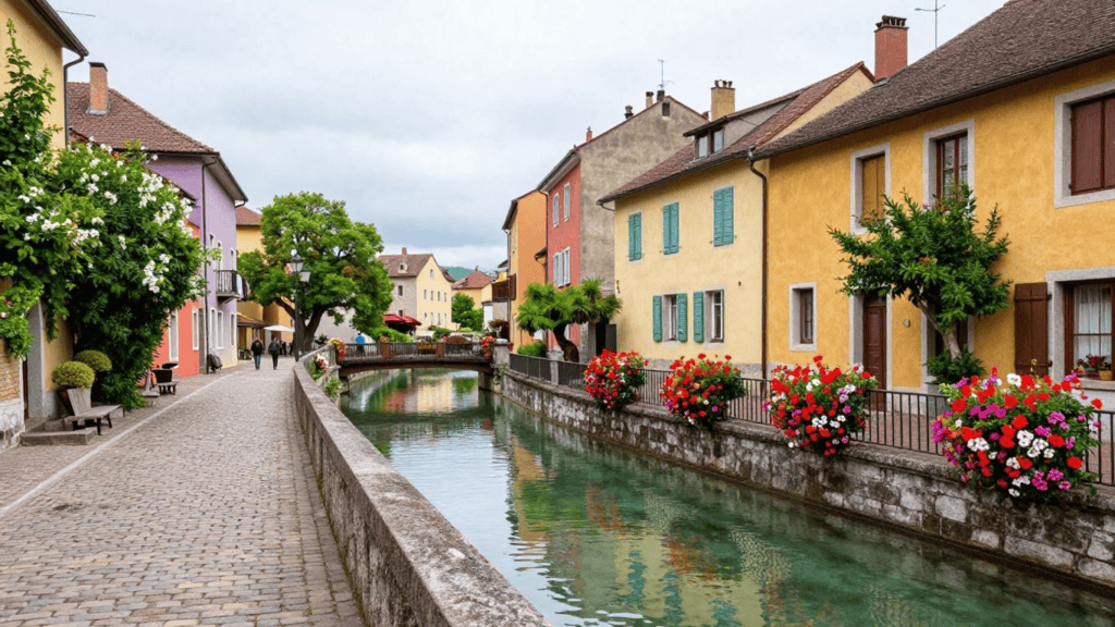 Quaint canal-side street with colorful houses, a small arched bridge, and flower-filled planters along the water edge.