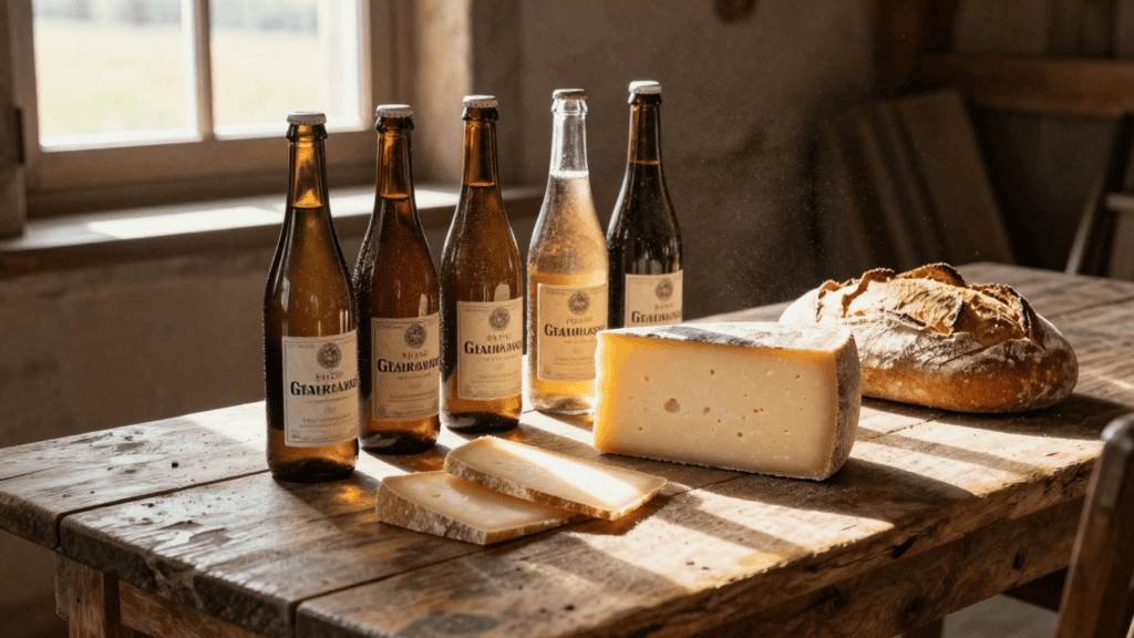 Six beer bottles stand on a weathered wooden table beside wedges of cheese and a crusty loaf of bread in a sunlit rustic room.