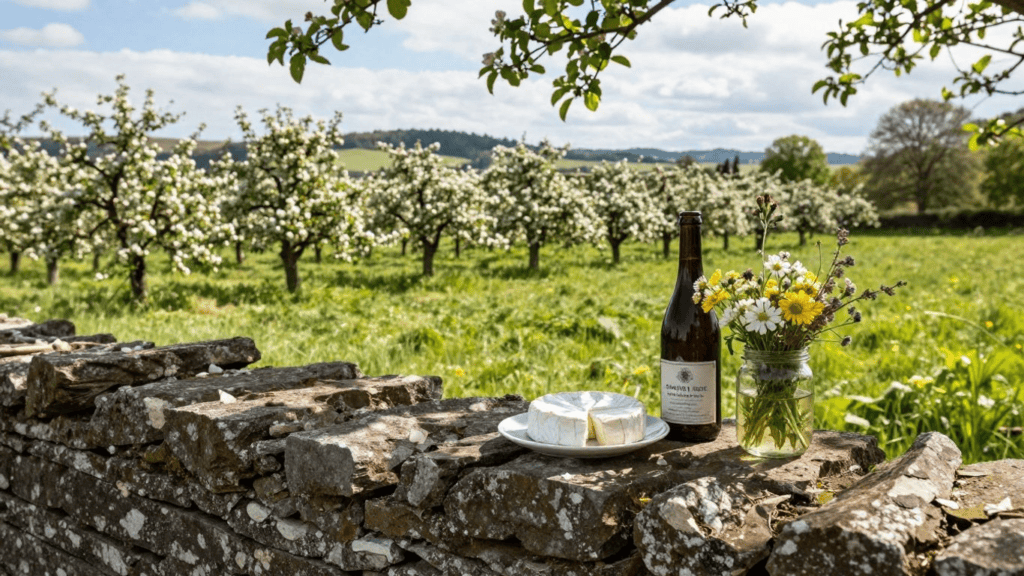 Cheese wheel, wine bottle, and a jar of wildflowers on a stone wall in a sunlit blossoming orchard.