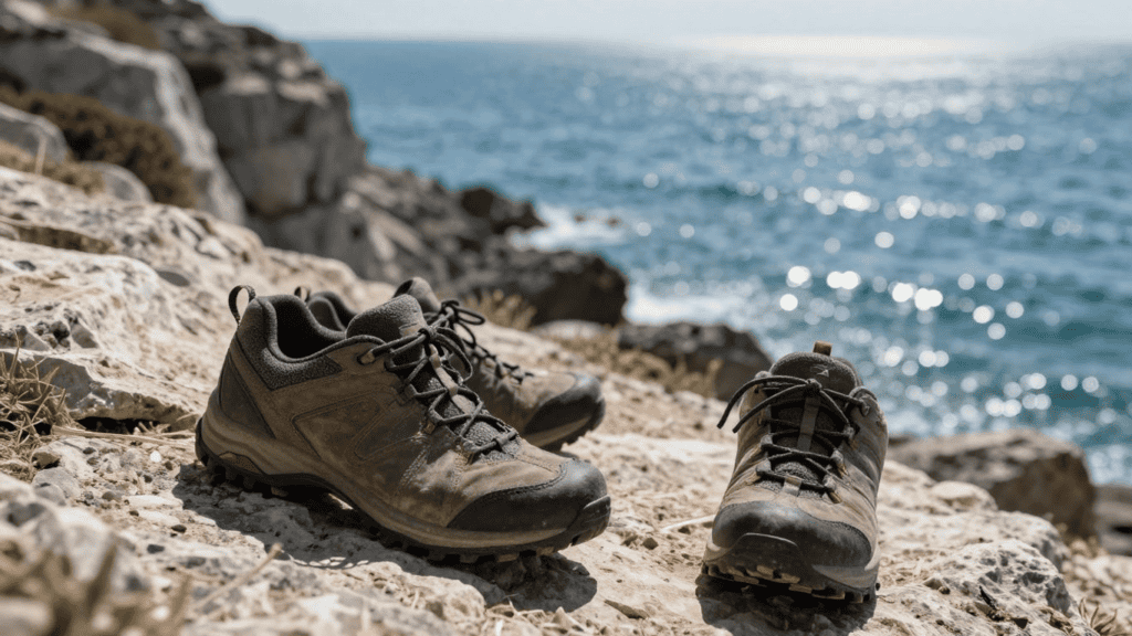 Mud-spattered hiking boots resting on a rocky coastline with the ocean in the background.