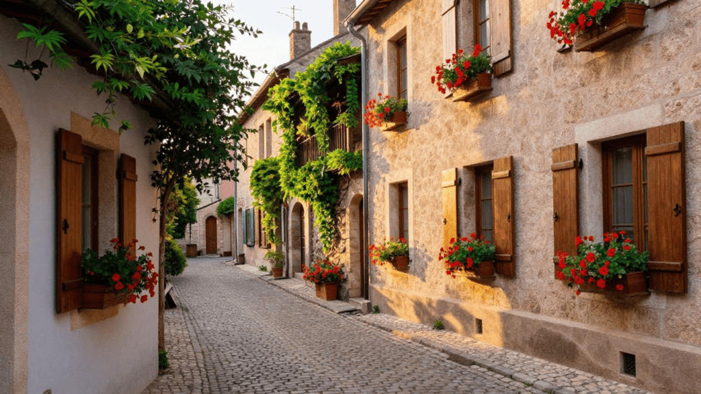 Narrow cobblestone street in a European village, stone buildings with wooden shutters and red geranium window boxes.