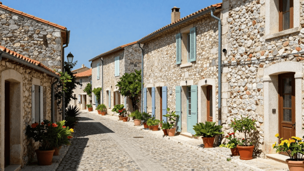 Sunny stone village street with terracotta pots and green shutters along stone houses.