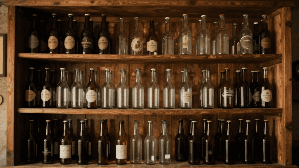 Three-tier wooden shelf lined with assorted glass beer bottles in a rustic bar setting.