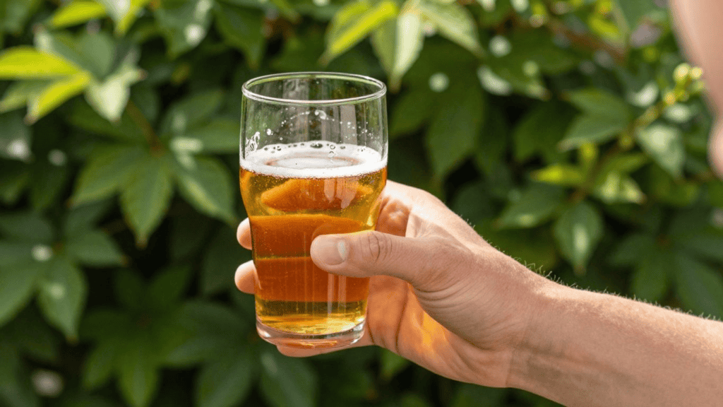 A hand holding a pint of amber beer with a foamy head, outdoors among green foliage.