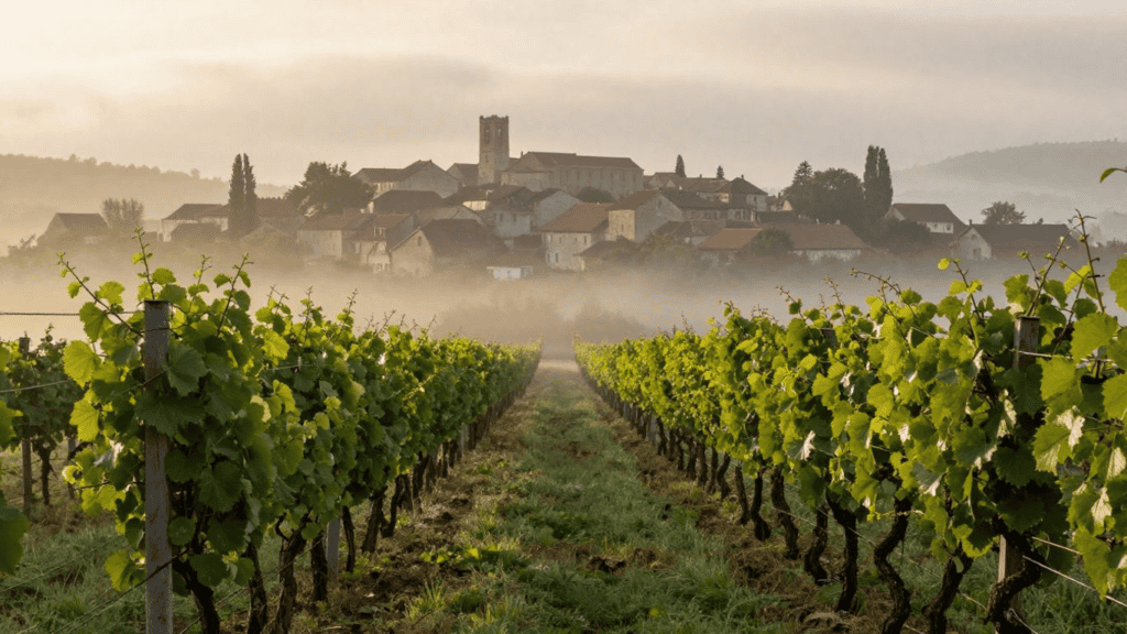 Vineyard rows at sunrise leading to a misty village with a church tower in the distance.