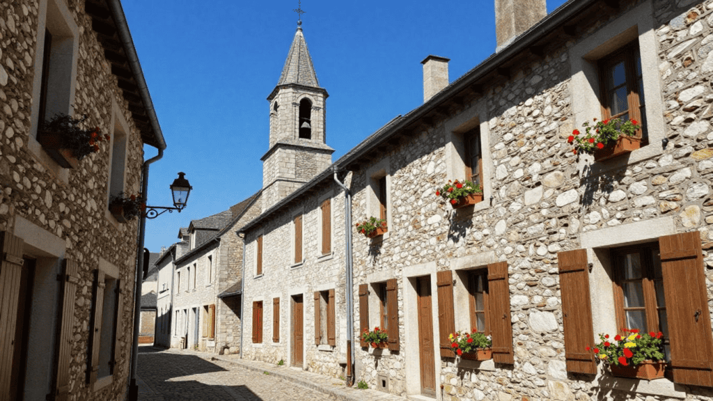 Stone-walled village street with wooden shutters, flower boxes, and a church steeple against a blue sky.