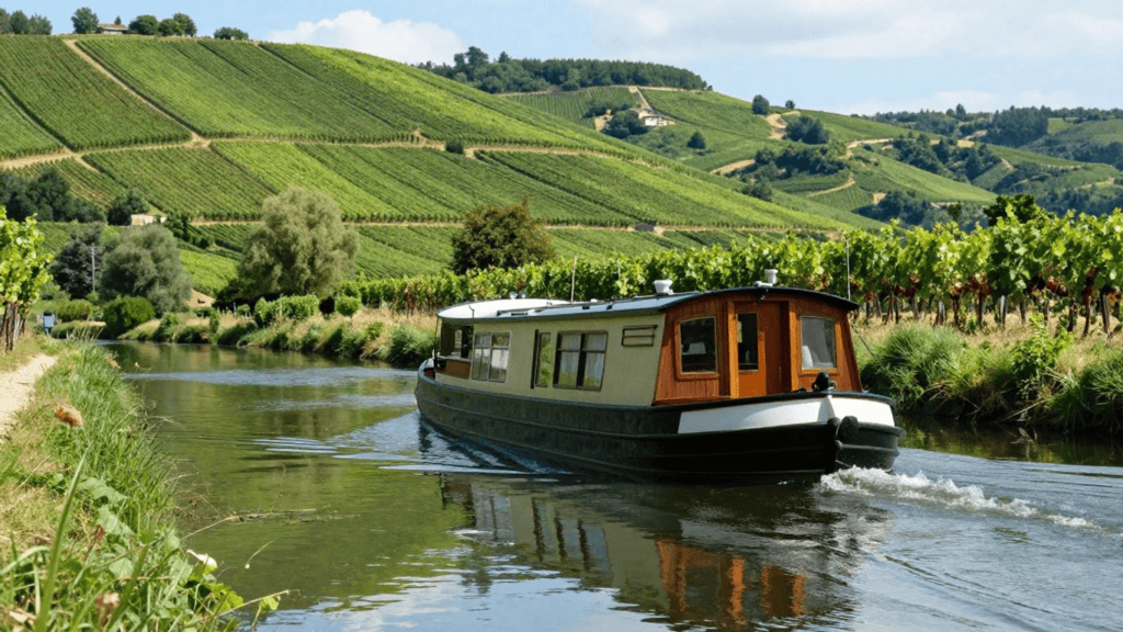 Narrowboat cruising along a calm river with rows of vineyard-covered hills in the background