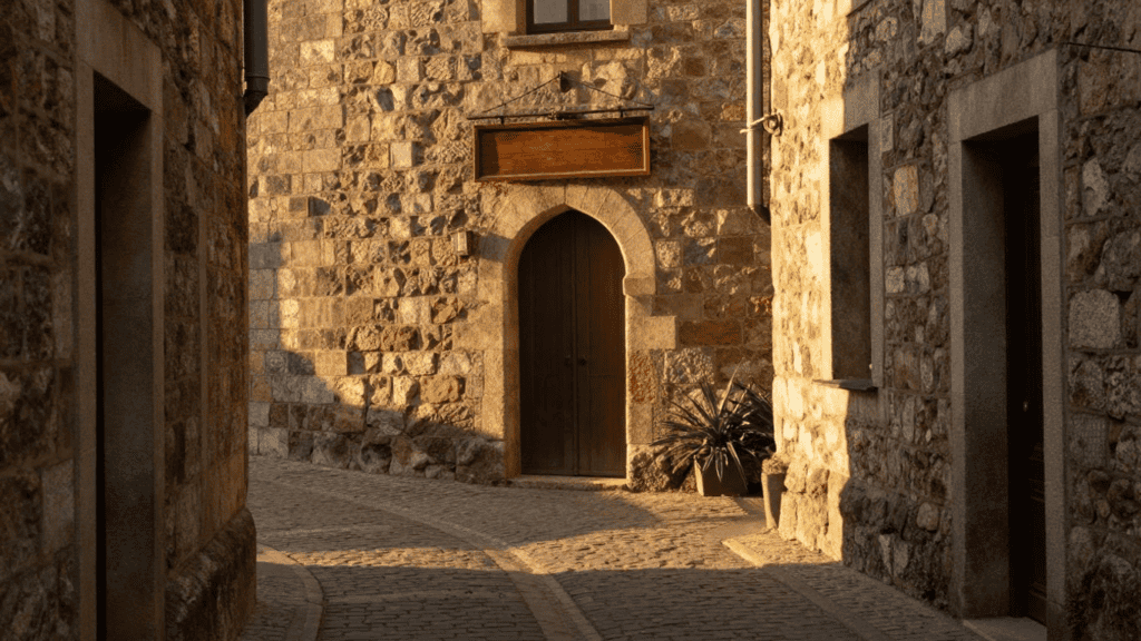 Narrow cobblestone street flanked by stone buildings, centered on a wooden arched door bathed in warm sunset light.
