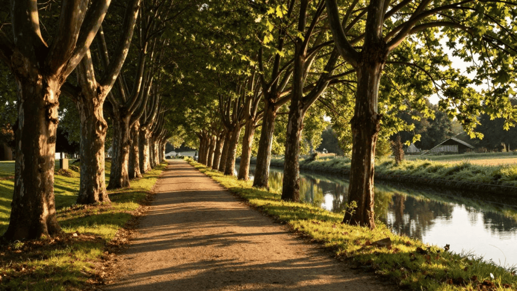 Tree-lined gravel path beside a calm canal, dappled in late-afternoon sunlight.