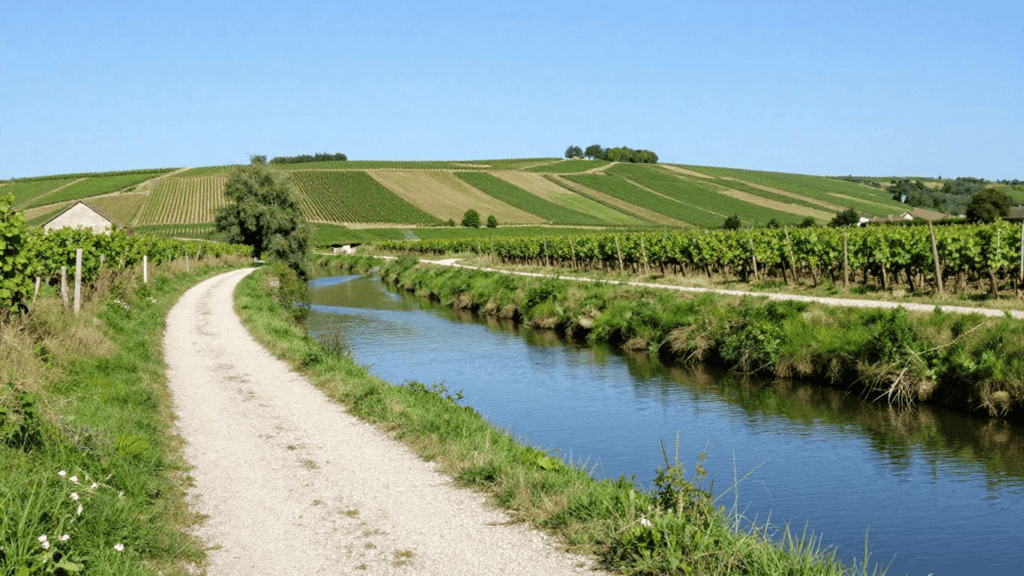 Gravel path runs beside a calm canal with vineyard rows on rolling hills under a clear blue sky.