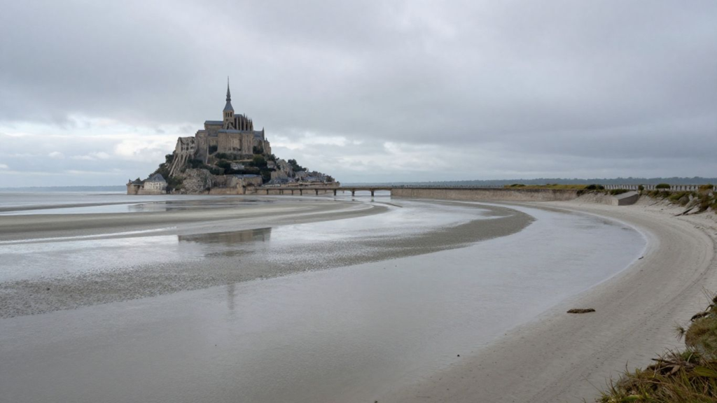 Mont Saint-Michel abbey atop a rocky island connected by a causeway on a tidal flat under a cloudy sky