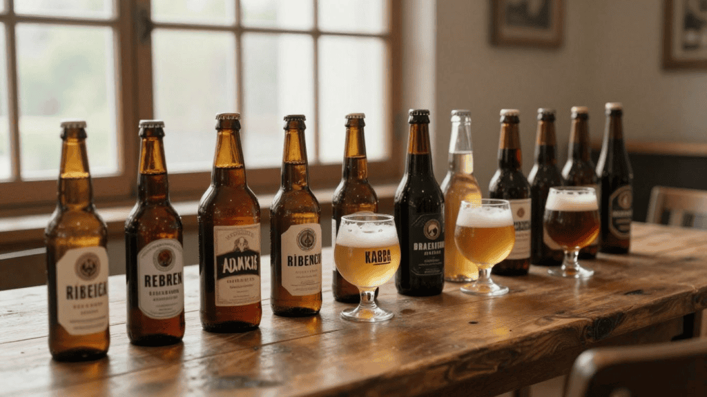 Row of beer bottles lined up on a rustic wooden table with two filled glasses by the window behind.