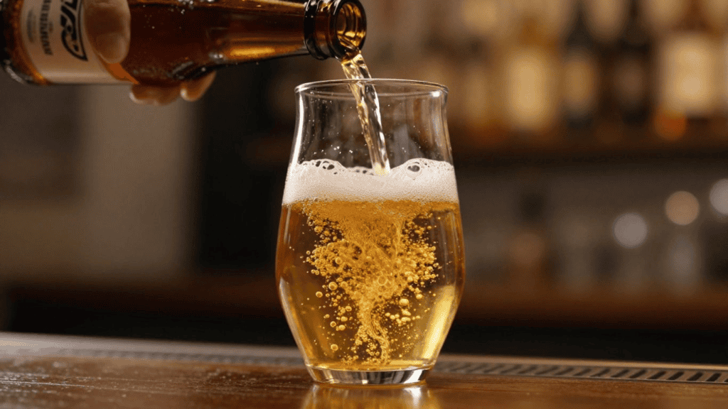 Beer being poured from a bottle into a glass on a wooden bar, bubbles rising and a frothy head forming.