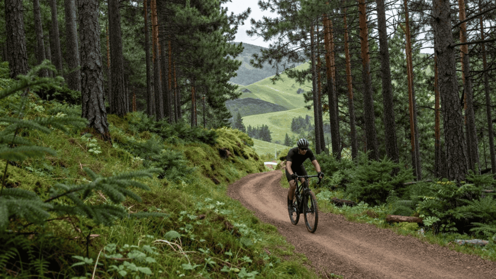 Cyclist riding a mountain bike along a winding dirt path through a pine forest with green hills in the background.