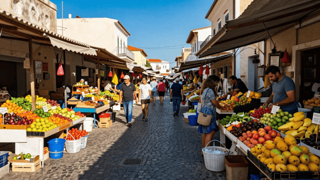 Busy seaside market street with stalls of colorful fruit and shoppers under awnings in bright sun.