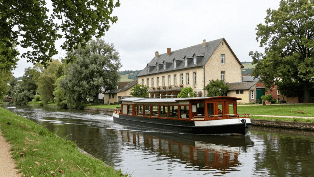 A wooden passenger boat glides along a calm canal beside a historic stone building and green trees.