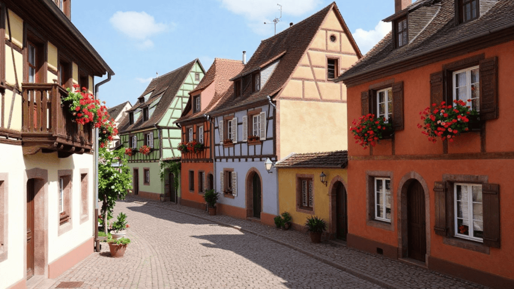 Colorful half-timbered houses line a cobblestone street with flower boxes under a blue sky.