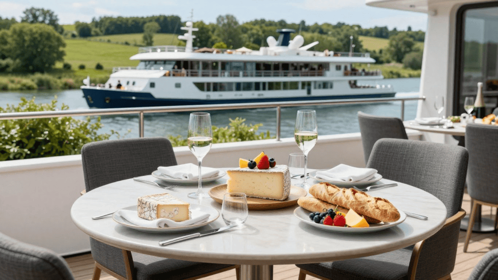 Table set for two on a yacht deck with cheese, bread, fruit, and wine; a large boat and green landscape in the background.