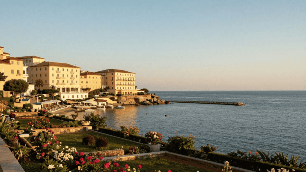 Coastal resort with pale yellow buildings along a rocky shoreline, manicured gardens, and a calm blue sea.