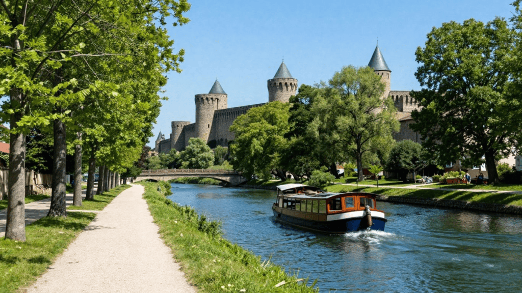 Boat cruising along a canal beside a tree-lined path, with a medieval fortress and towers in the background under a blue sky.