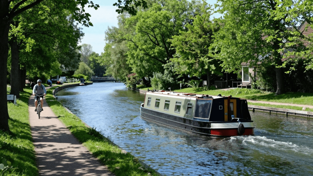 Cyclist riding along a sunlit riverside path beside a canal with a moored narrowboat and lush trees.