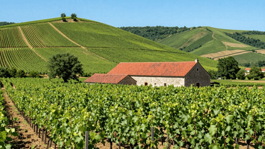 Vineyard landscape with rows of grapevines and a red-tiled stone barn in the foreground, rolling green hills in the background.
