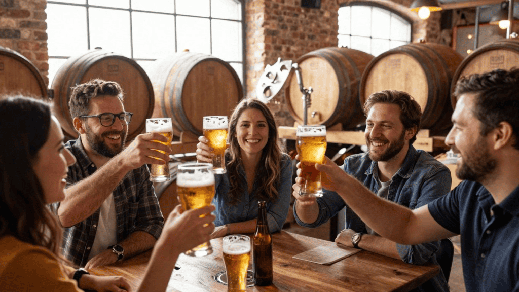 Group of friends raising beer glasses in a brewery, toasting and smiling around a wooden table with large barrels in the background.