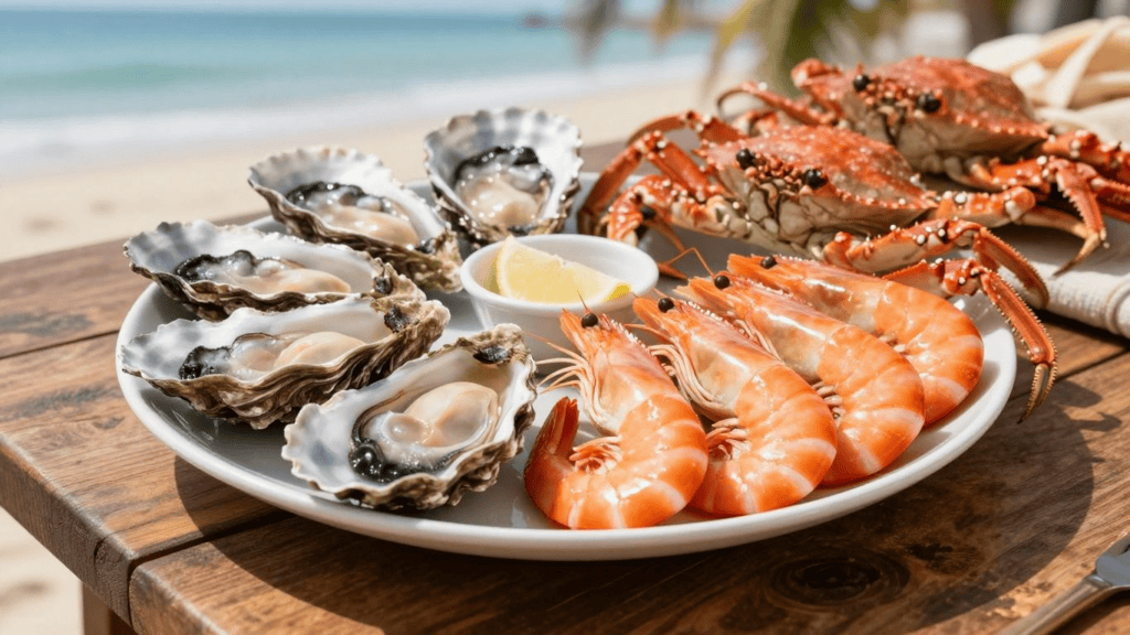 Seafood platter with oysters on the half shell, shrimp, and crab on a white plate by the beach.