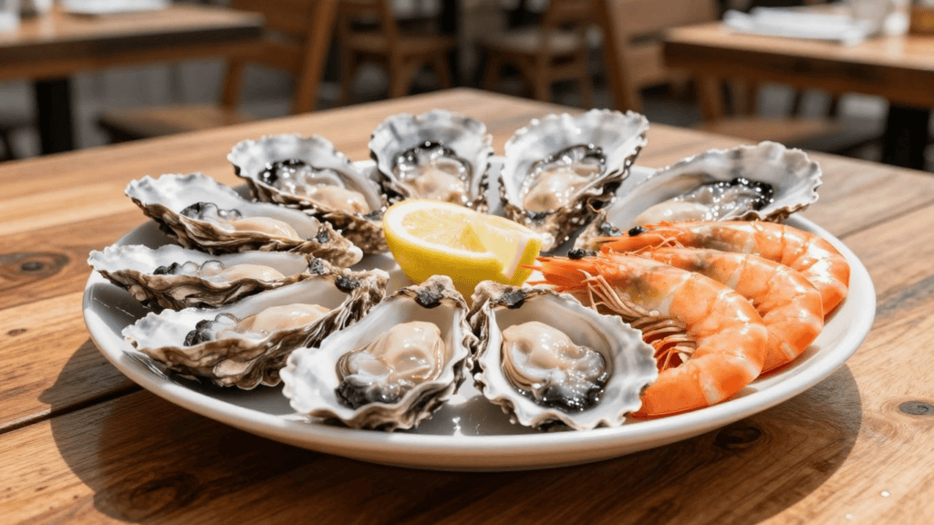 Plate of fresh oysters on the half shell arranged around a lemon wedge, with shrimp on the side on a wooden table.