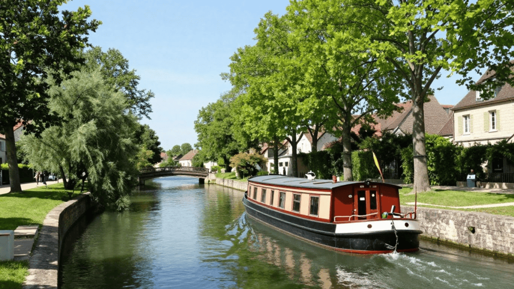 Canal boat with red-brown cabin gliding along a narrow waterway beside green trees and brick houses under a bright blue sky, a small bridge ahead.