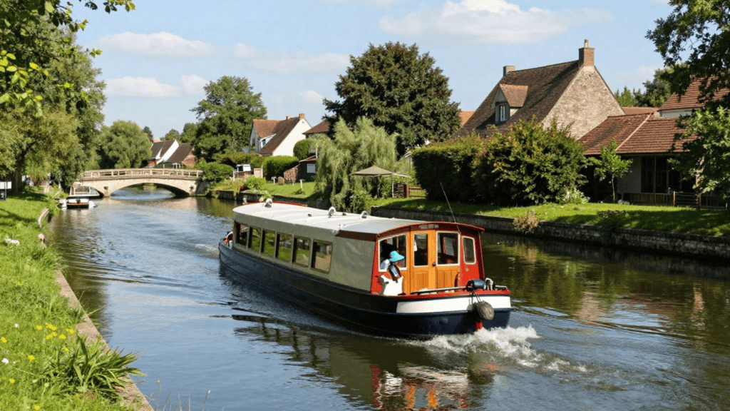 A small red-and-wood passenger boat cruises along a calm canal past charming houses and a stone bridge.